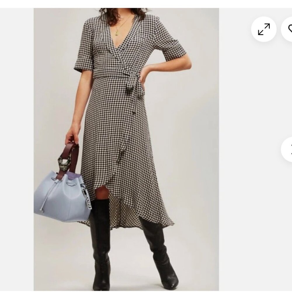 Ganni Black White Gingham Check True Wrap Midi Dress 36